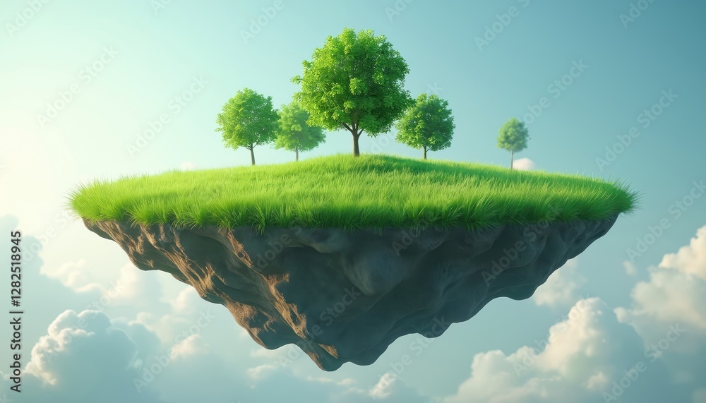 Conceptual image of island with green grass, trees floating in blue sky ...