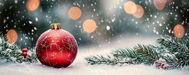Poster - Red christmas ball ornament resting on snow with pine sprig and falling snowflakes