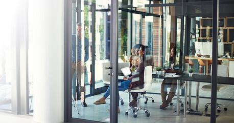 Poster - Meeting, presentation and seminar with business people in boardroom together for coaching or planning. Training, whiteboard and workshop with speaker talking to colleague team in glass office