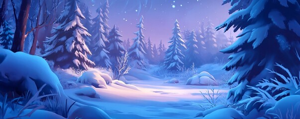 Aufkleber - Snow falling on spruce trees in a winter forest at night