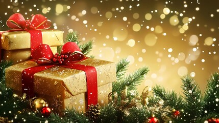 Aufkleber - Christmas gifts decorated with red ribbon on golden background with falling snow