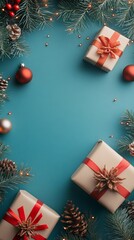 Poster - Christmas gifts, fir tree branches, ornaments and lights framing teal background