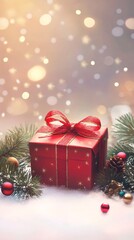 Aufkleber - Red christmas gift surrounded by festive decorations and soft lighting