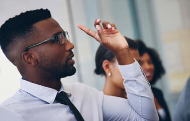 Poster - Conference, seminar and question with business people in office for training or development workshop. Audience, crowd and hand raised of employee man in workplace for corporate learning or education