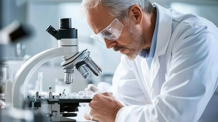 Aufkleber - A man in a lab coat is looking through a microscope