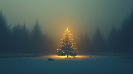 Aufkleber - Bright christmas tree illuminating snowy landscape in foggy forest