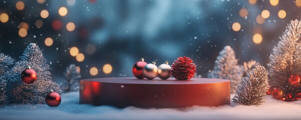 Aufkleber - Christmas ornaments and pine cone resting on red podium during snowfall