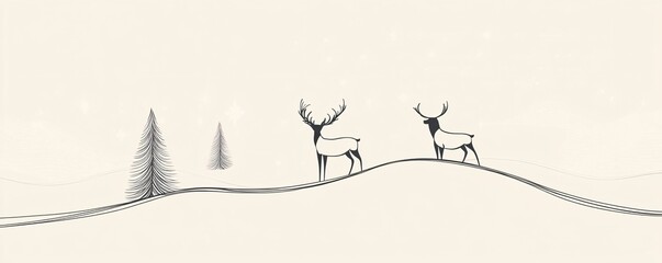 Aufkleber - Two reindeer walking on snowy hills in christmas landscape