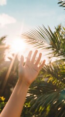 Poster - Hand reaching out toward the sun shining through palm leaves in a tropical setting during the late afternoon. Generative AI