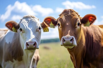 Poster - Cows grazing in a sunny field with blue sky and fluffy white clouds during a pleasant afternoon. Generative AI