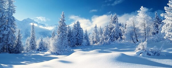 Poster - Bright winter sun shining over snow covered trees and mountains