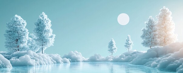 Poster - Snowy pines growing on the shore of a frozen lake reflecting the winter sun