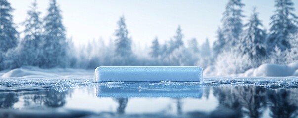 Poster - Empty ice podium reflecting on frozen lake in snowy winter forest