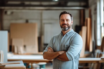 Aufkleber - Skilled carpenter stands proudly in workshop surrounded by wood materials and tools during daylight hours. Generative AI