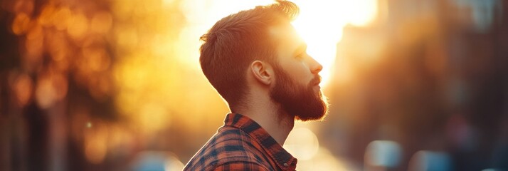 Poster - Observing a sunset during golden hour in an urban environment with a man in profile silhouette. Generative AI
