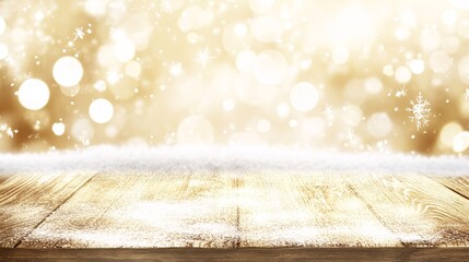 Poster - Christmas wooden table covered with snowflakes on golden background