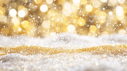 Wall Mural - Golden christmas background with falling snowflakes and bokeh lights