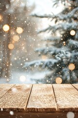 Poster - Snow falling on wooden table with christmas tree and lights in background