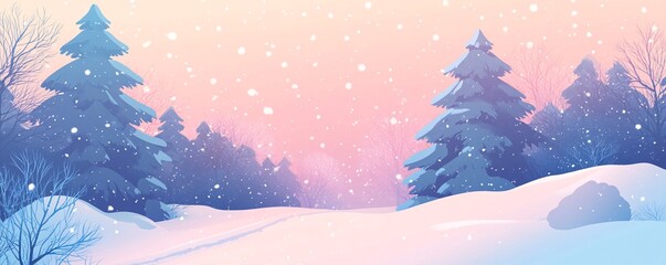 Poster - Snow falling on pine trees in winter wonderland at sunset