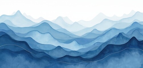 Fototapete - Watercolor blue mountain range with wavy shape layers. Gradient from dark indigo to light azure. Nature landscape illustration perfect as backdrop for travel, serenity themes or peaceful wallpapers.