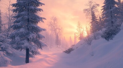 Poster - Snowy path winding through a winter wonderland at sunset