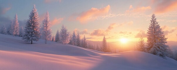 Poster - Majestic winter landscape at sunset illuminating snowy trees and hills