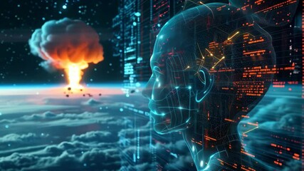 Explosion of data and code under AI control behind it on Earth's surface. A nuclear bomb mushroom  fills half the sky. Digital War concept