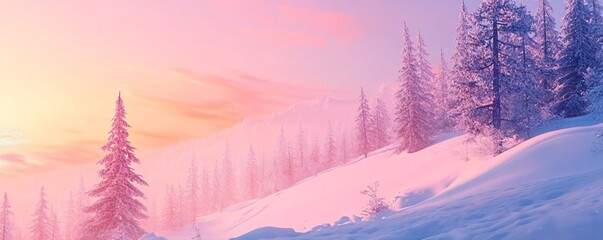 Poster - Majestic pink winter sunrise illuminating snowy mountain landscape with pine trees