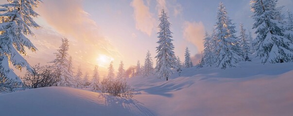 Poster - Bright winter sunrise illuminating snowy pine forest landscape