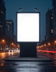 Aufkleber - Blank billboard at night in city with blurred traffic. Advertisement mock-up on street. Empty clear space for commercial ads, marketing campaign or product promotion. Urban roadside advert template.