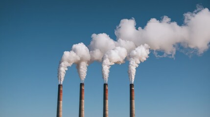 industrial smokestacks emitting white smoke against blue sky