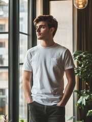 Leinwandbilder - Young man in casual white t shirt stands by large window in modern cafe during daytime with indoor plants surrounding him. Generative AI