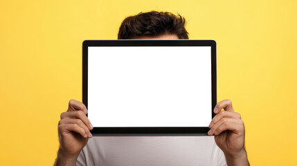 Wall Mural - Tablet mockup. The guy is holding a tablet with a white screen covering his face. The concept of mystery and curiosity. The yellow background