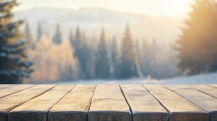 Poster - Empty wooden table with winter forest background at sunset