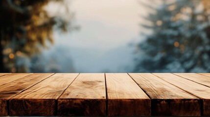 Poster - Empty wooden table with winter forest background for displaying products