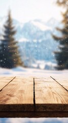 Aufkleber - empty wooden table with falling snow and blurred winter mountain landscape background
