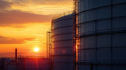Poster - Massive industrial gas storage tanks illuminated by warm sunset in an orange sky over a city skyline. Generative AI