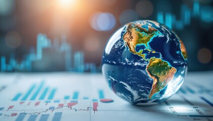 Poster - Earth globe lies on financial charts, business analysis papers. Global economic events impact investment markets. Analysis and insights represented by globe with continents.