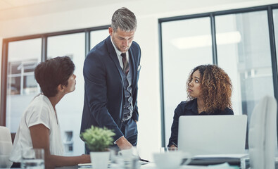 Leinwandbilder - Laptop, coaching or business people brainstorming with mentor for teamwork, project funding or discussion. Leadership, explain or financial manager teaching consultant for meeting and planning ideas