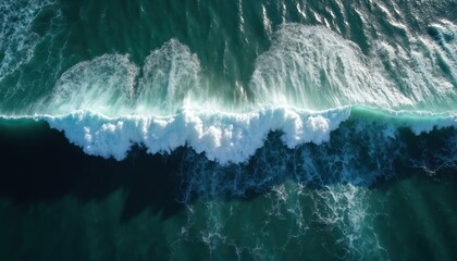 Aufkleber - Aerial top down drone view of fabulous turquoise ocean waves splashing, crushing, foaming. Dark sea water. Summer vibes, natural wavy texture motion. Beautiful powerful ripple surface. Travel
