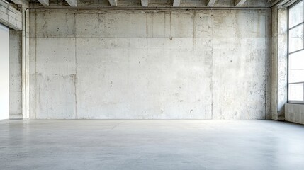 Poster - Aged Brutalist Concrete Wall, featuring a textured surface with stains, set against a minimalist background, emphasizing clean lines and an open, uncluttered space