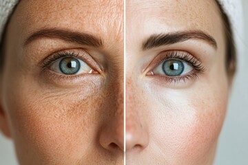 Aufkleber - Comparison of aging effects on a womans face showcasing wrinkles on the left and smooth skin on the right. Generative AI