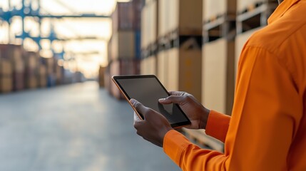 Poster - Business professional using tablet in shipping warehouse overseeing global trade operations and commerce in industrial environment with stacked containers