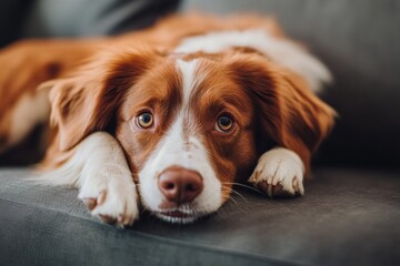 Aufkleber - Relaxed dog rests on a couch while looking curiously at the camera in a cozy living room setting. Generative AI