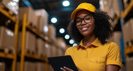 Poster - Smiling Female Warehouse Worker Using Tablet in Shipping Facility with Boxes and Shelves, Representing Global Commerce and Trade Industry
