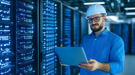Poster - it technician working on network servers in a data center environment