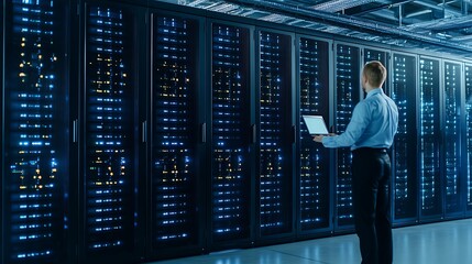 Poster - it technician working on network servers in a data center environment