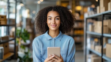 Poster - Woman in a Modern Warehouse Using Smartphone for Global Commerce and Trade Management in a Shipping Industry Setting