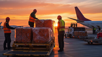 Poster - Global Trade and Commerce in Action at Sunset - Cargo Loading and Shipping Operations at Airport with Workers and Airplane