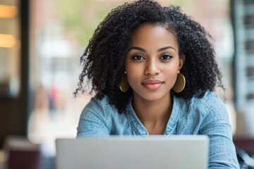 Poster - Woman working on a laptop in a modern cafe during a sunny afternoon with natural light streaming through the windows. Generative AI